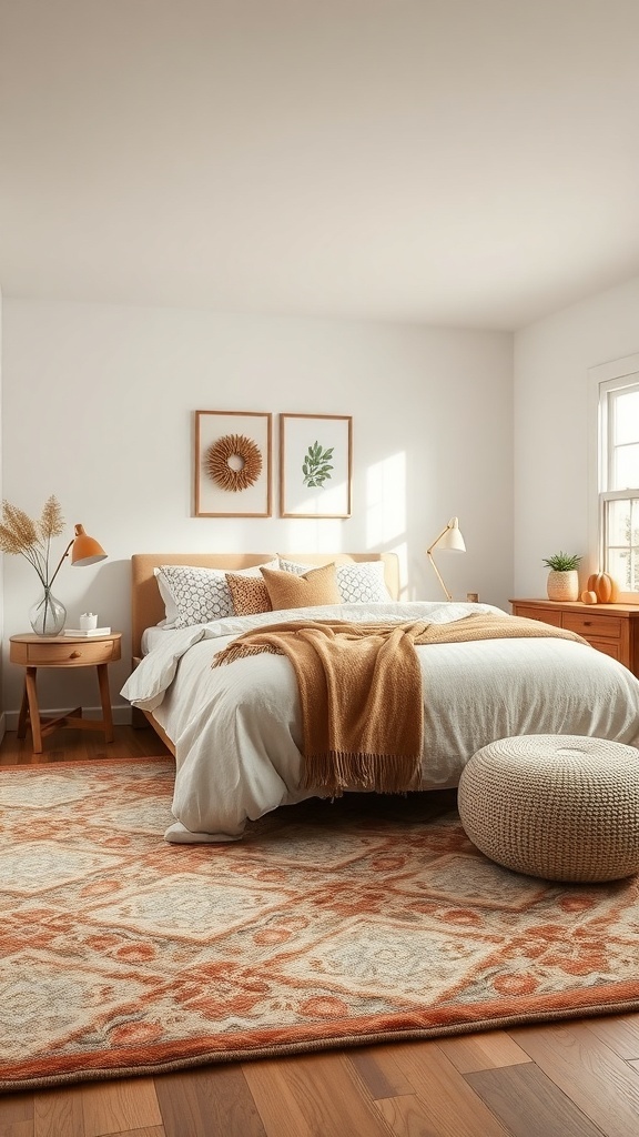 Cozy bedroom with a soft area rug, warm bedding, and earthy decor.
