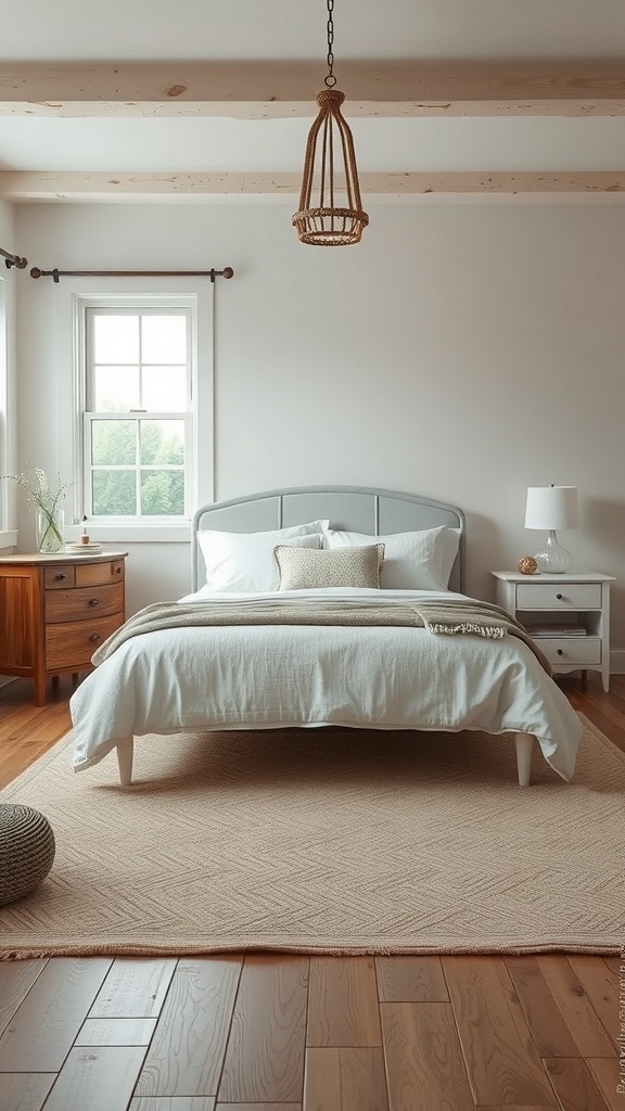 A cozy farmhouse bedroom featuring a soft area rug, wooden flooring, and a light color scheme.