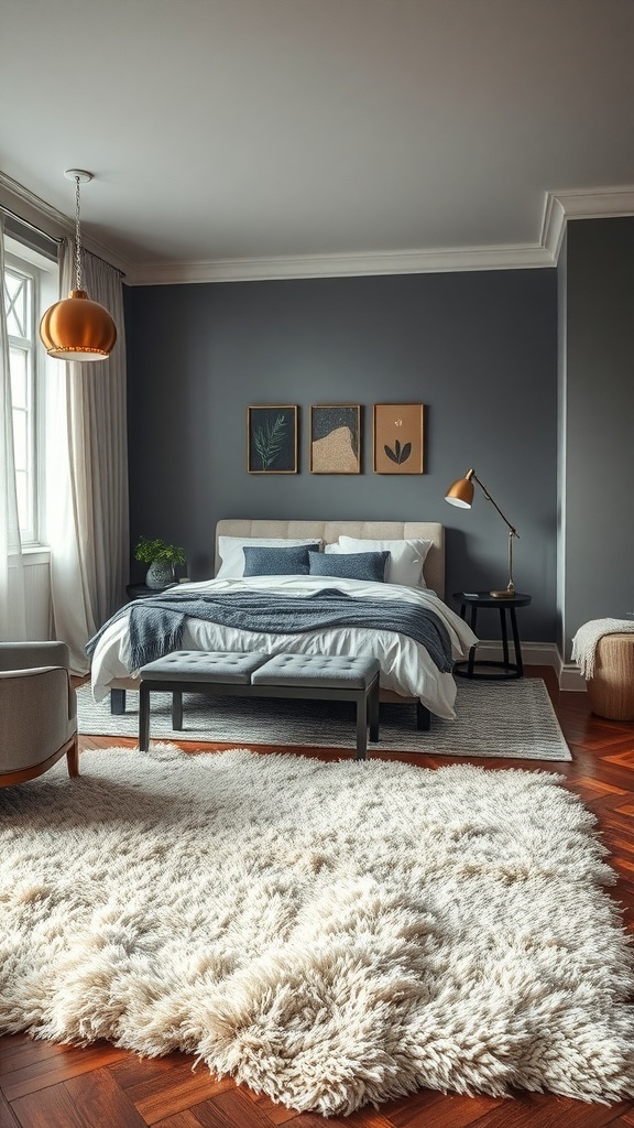 A dark romantic bedroom featuring a soft, fluffy area rug in a light color, contrasting with dark walls and cozy furnishings.
