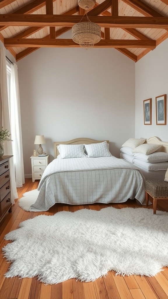 Cozy cottage bedroom with a soft white area rug on wooden flooring.