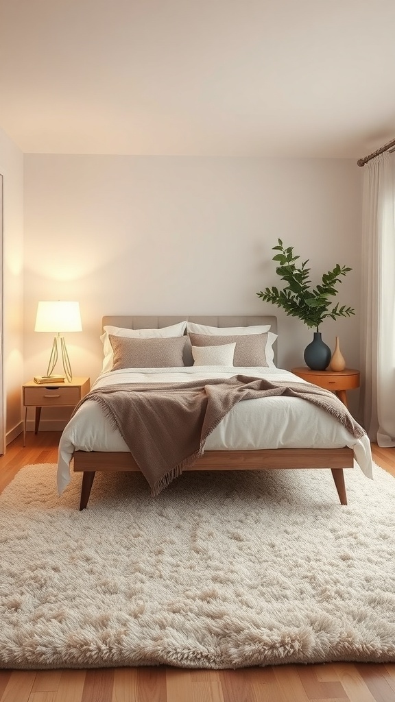 A cozy bedroom featuring a soft area rug, a neatly made bed, and a warm lamp.