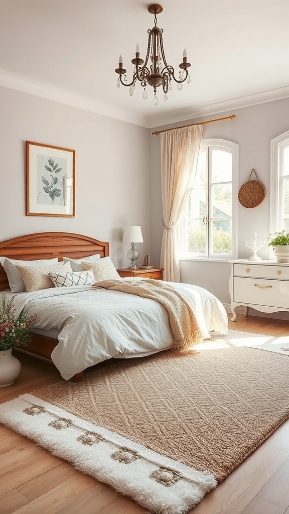 A cozy shabby chic bedroom featuring a soft area rug, wooden bed, and warm decor.