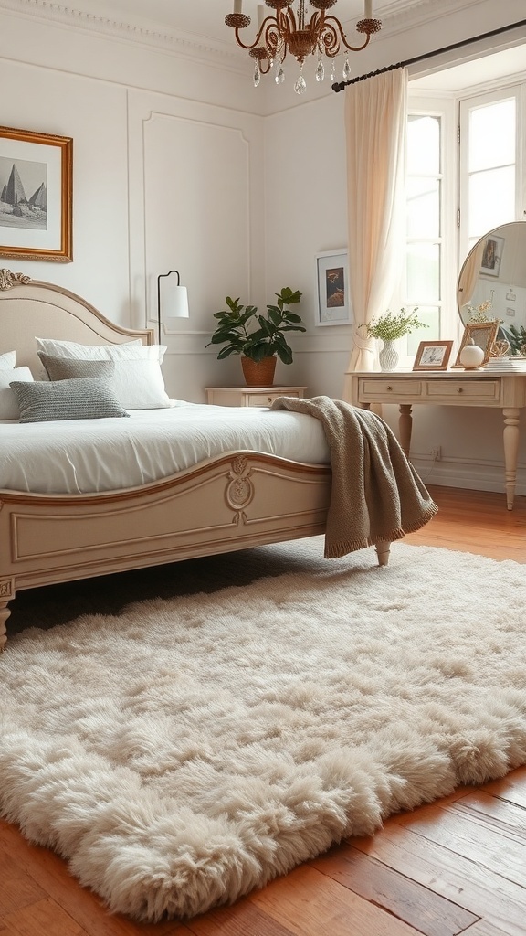 A romantic French bedroom featuring a soft, fluffy area rug, elegant bed, and warm decor.