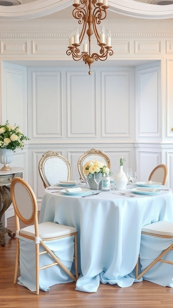 A soft baby blue table setting with elegant chairs, a floral centerpiece, and delicate tableware.