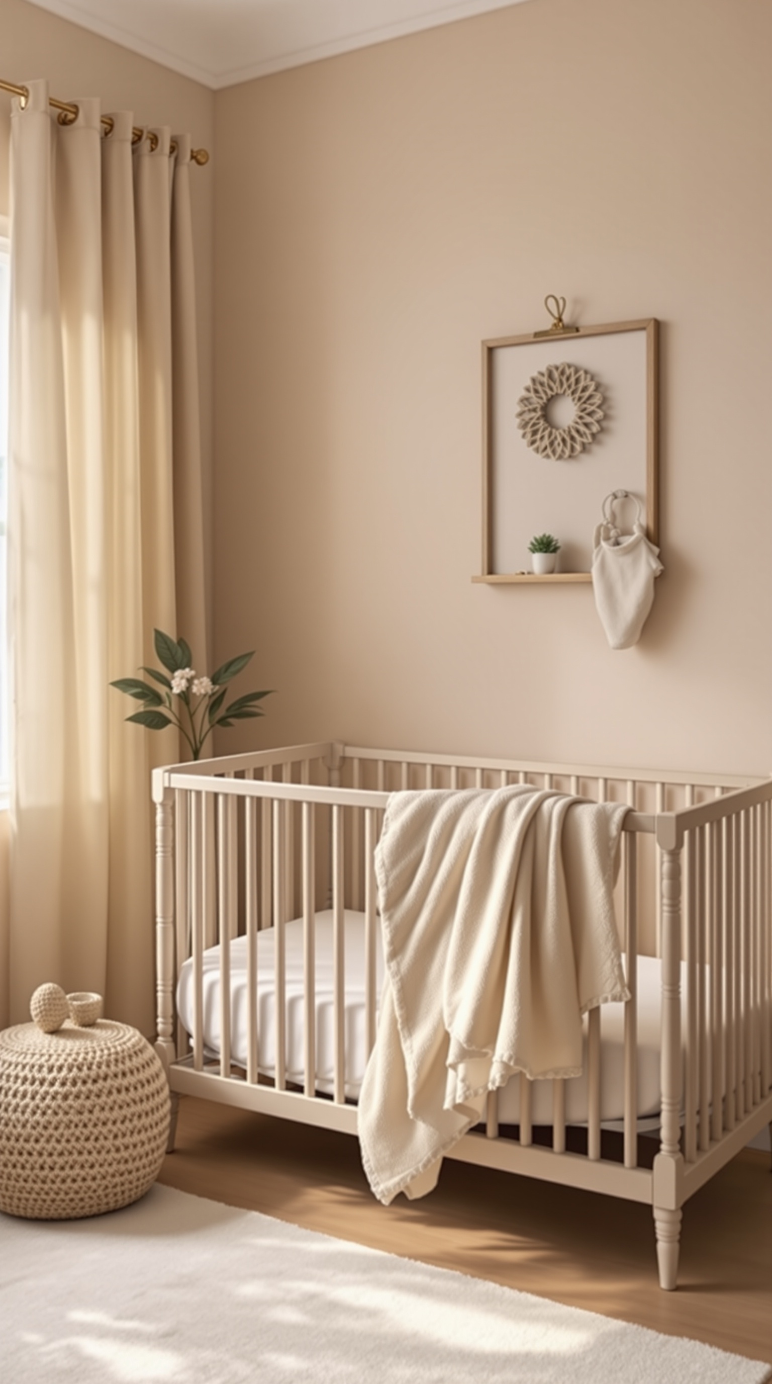 A neutral baby nursery with soft beige accents, featuring a crib, cozy blanket, woven pouf, and natural decor.