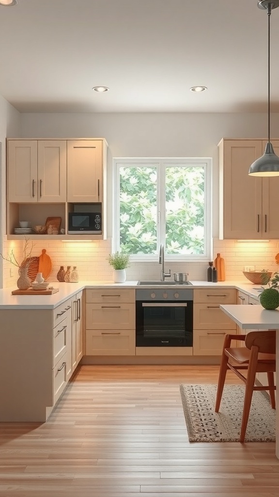 A warm neutral kitchen featuring soft beige cabinetry, natural wood flooring, and a bright window.