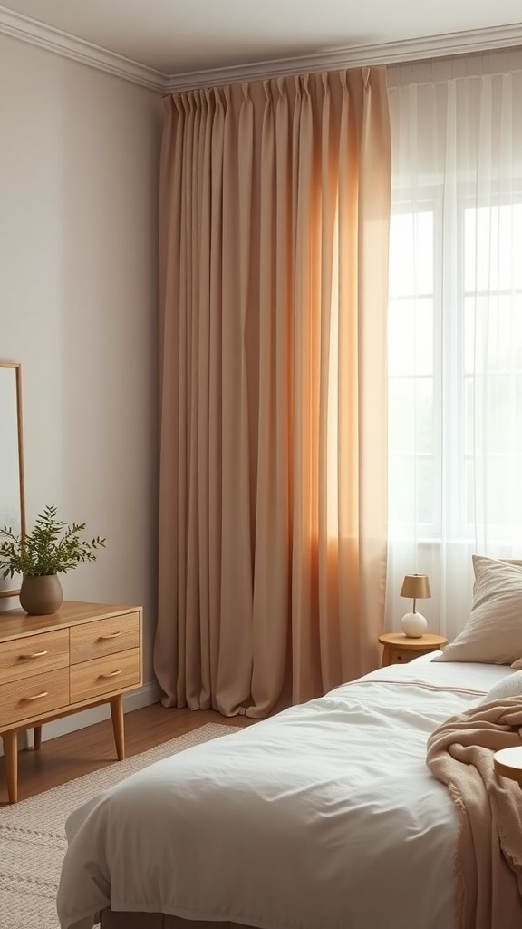 A cozy bedroom featuring soft beige curtains, a wooden dresser, and a neatly made bed.