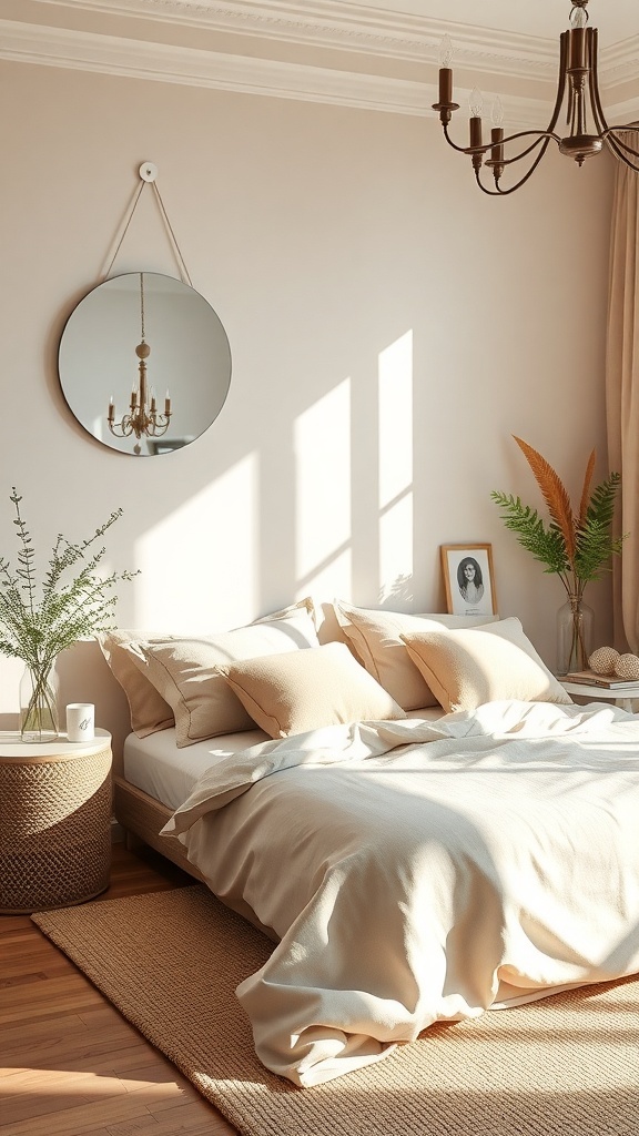 A serene bedroom with soft beige tones, featuring a cozy bed, natural light, and decorative plants.