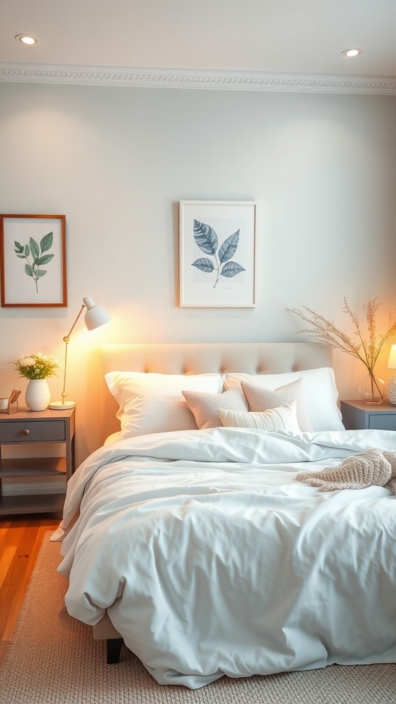 Cozy blue bedroom with soft bedding and botanical prints