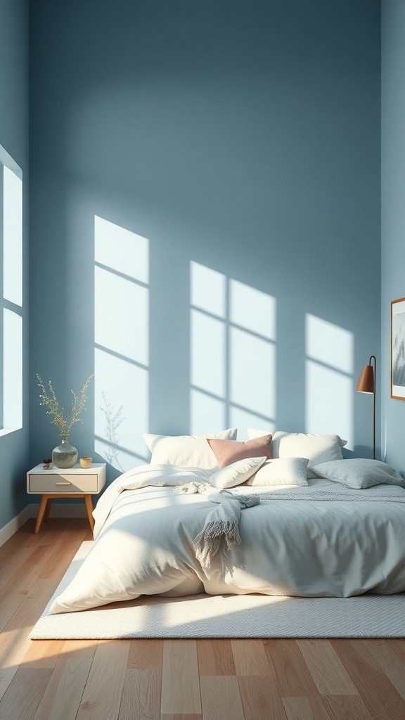 A serene bedroom with soft blue walls, natural light, and cozy decor.