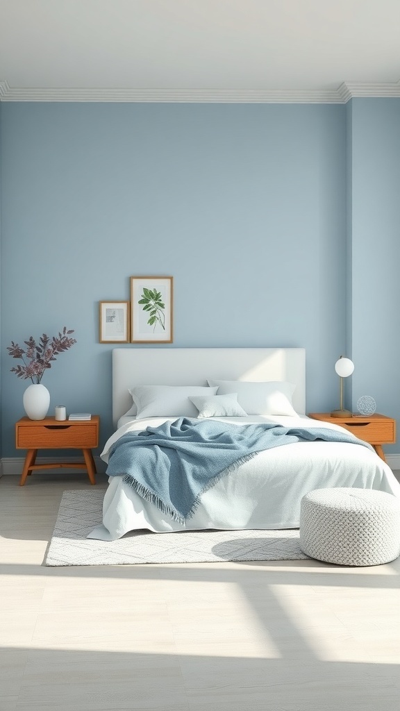 A cozy bedroom with soft blue walls, white bedding, and wooden furniture.
