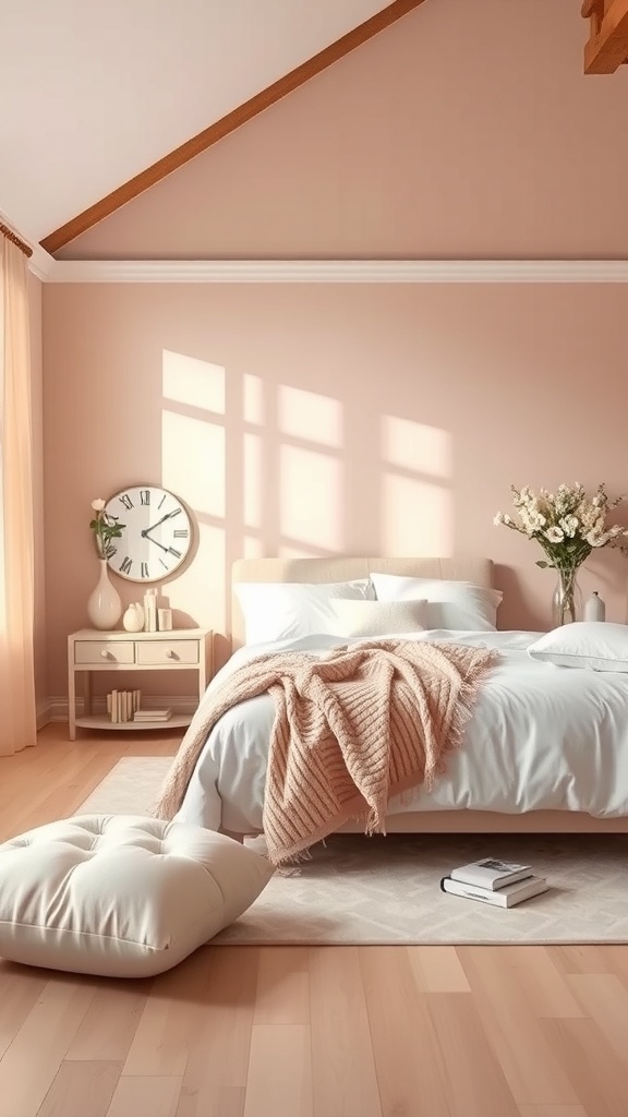 A romantic bedroom featuring soft blush walls, white bedding, and a cozy atmosphere.