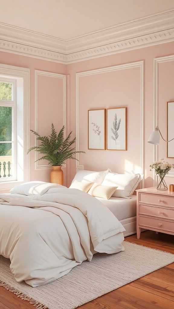 A romantic bedroom with soft blush walls, white bedding, and a touch of greenery.