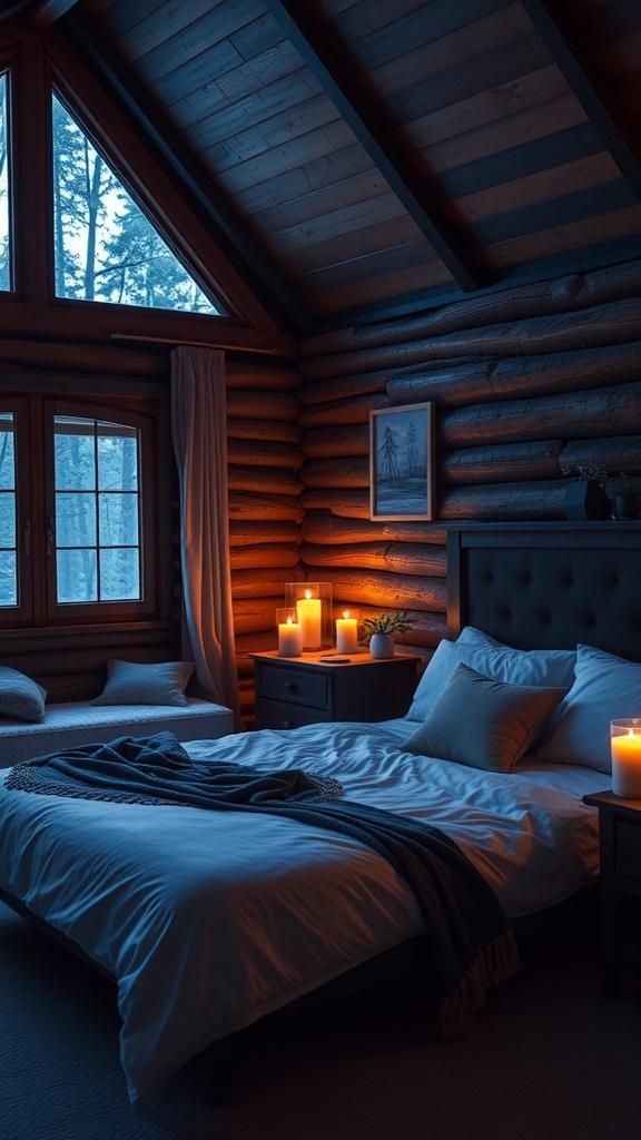 A cozy cabin bedroom with soft candlelight illuminating the space, featuring a bed with white linens, a knit throw, and log walls.