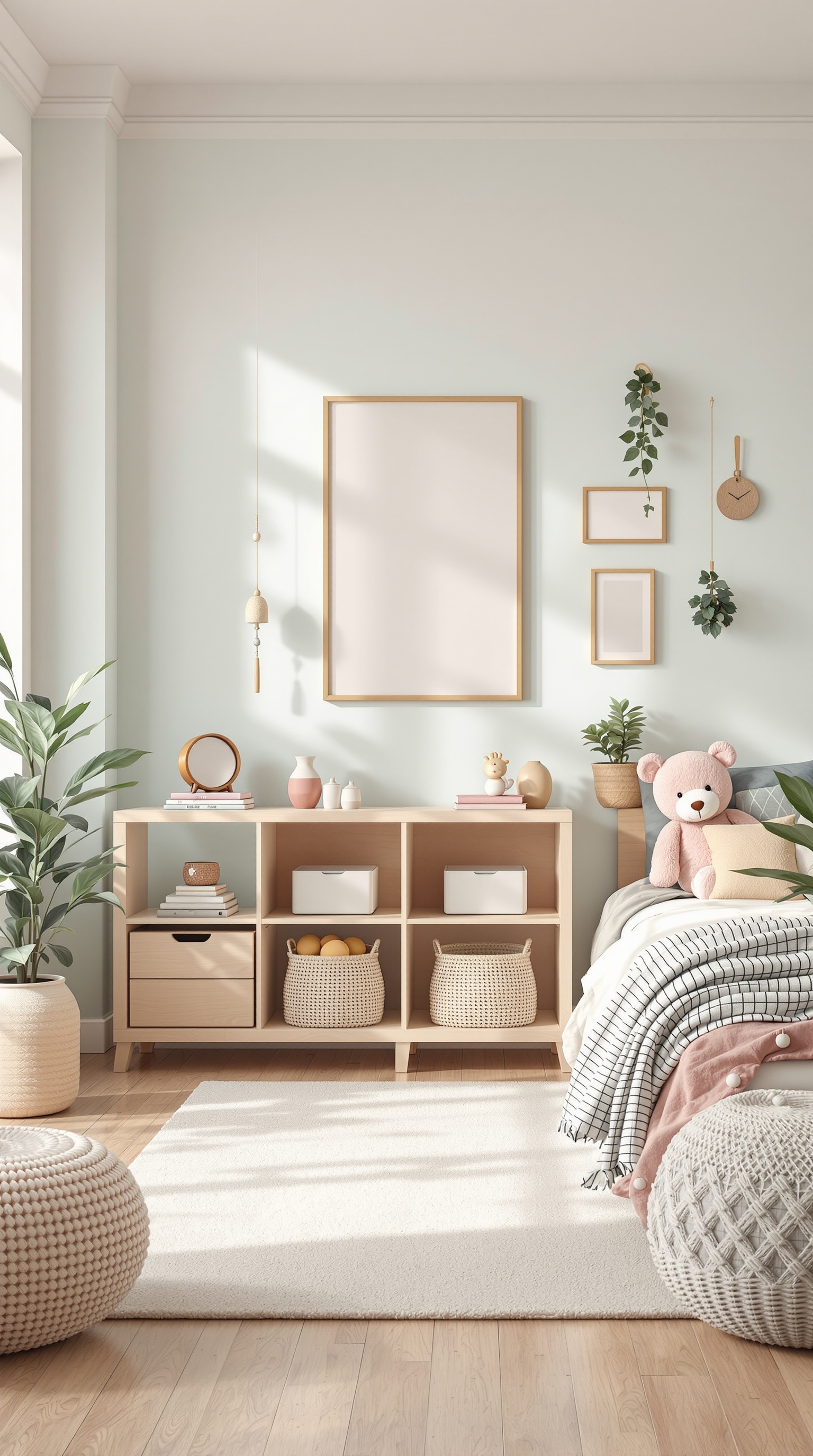A Japandi kids room featuring soft mint green walls, wooden furniture, and cozy textiles.