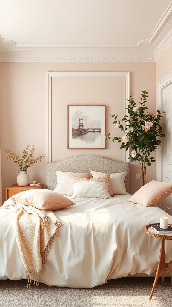A cozy bedroom featuring a soft color palette with blush and cream tones, a neatly made bed, and decorative plants.