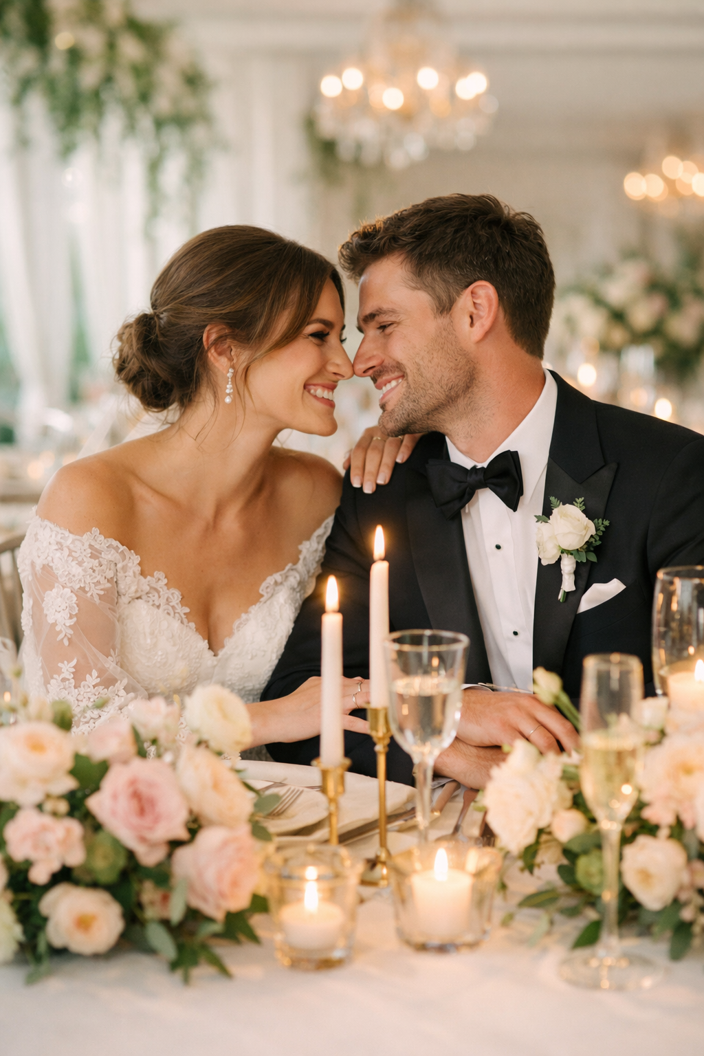 A couple enjoying a romantic moment at their wedding reception, surrounded by soft floral arrangements and candles in a beautiful setting.