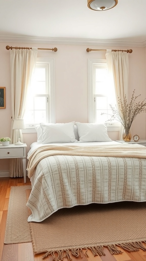 A vintage farmhouse bedroom with soft color palettes and cozy textiles.