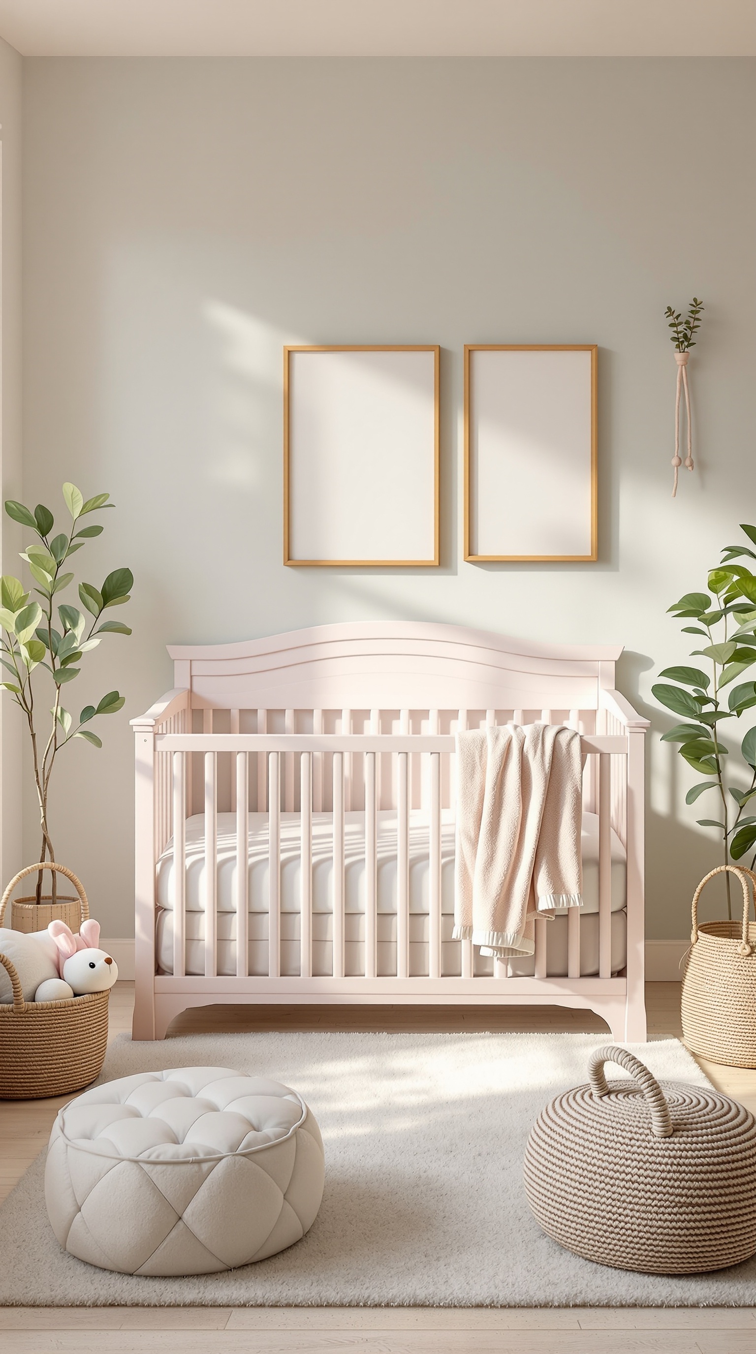 A modern baby room with a light pink crib, soft gray walls, and natural decor elements.