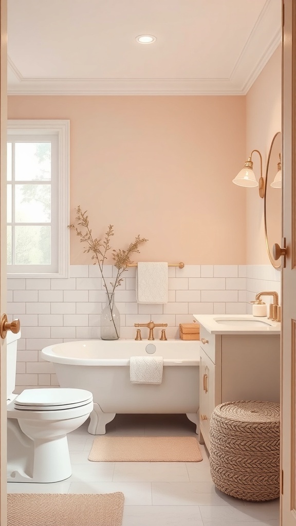 Cozy bathroom with soft peach walls, white fixtures, and natural decor.