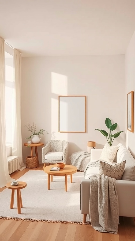 A cozy room with soft color palettes, featuring light beige walls, a comfortable sofa, wooden furniture, and plants.