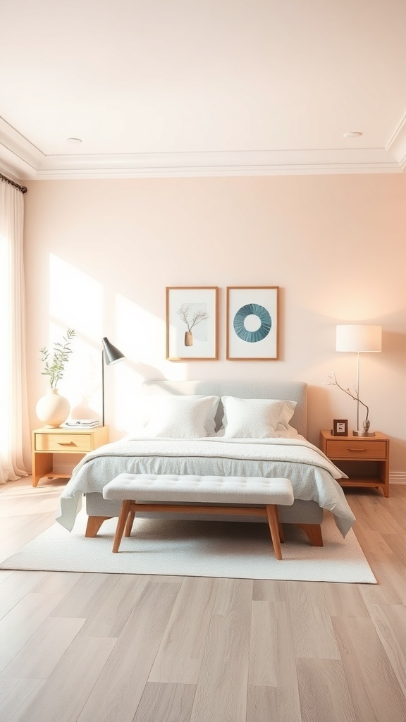 Cozy bedroom with soft color palette and natural wood elements