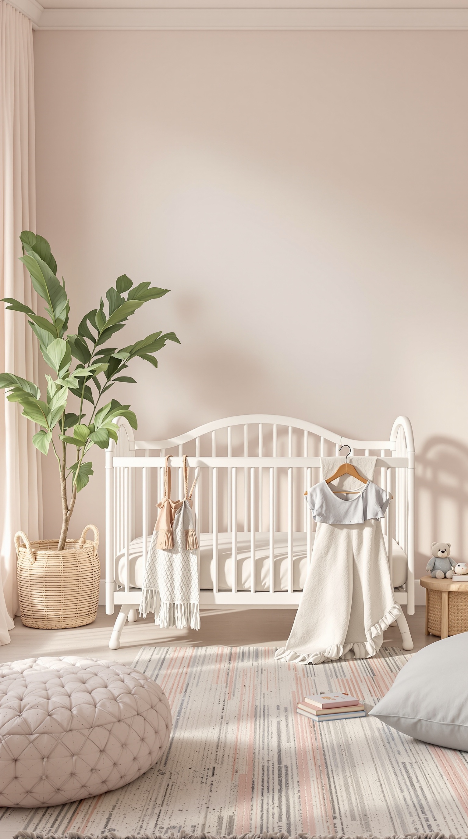A softly colored baby room featuring a white crib, plush pouf, and leafy plant.