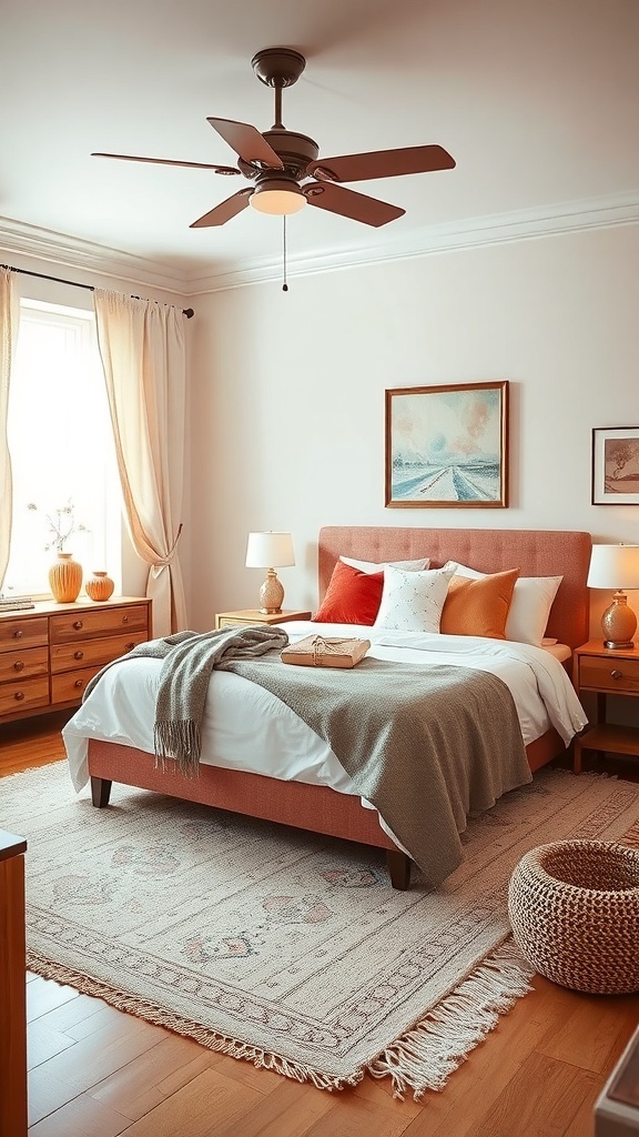 A cozy bedroom featuring soft coral accents, neutral bedding, and warm wooden furniture.