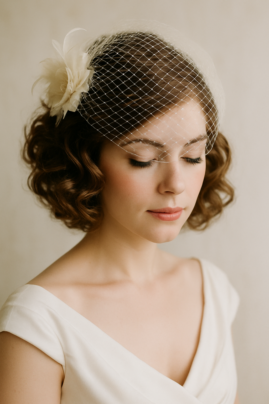 A woman with soft curls and a vintage veil fascinator, looking elegant and serene.