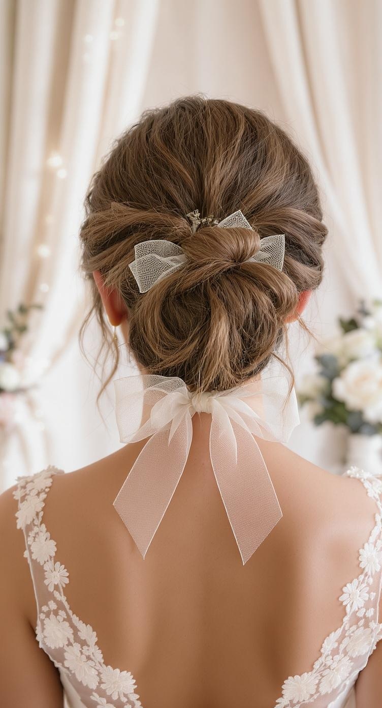 A soft curly bun hairstyle adorned with a tulle bow, showcasing a romantic and elegant look for weddings.