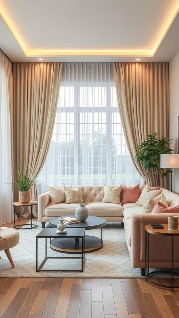 A cozy living room featuring soft drapery, a beige sofa, and wooden flooring.
