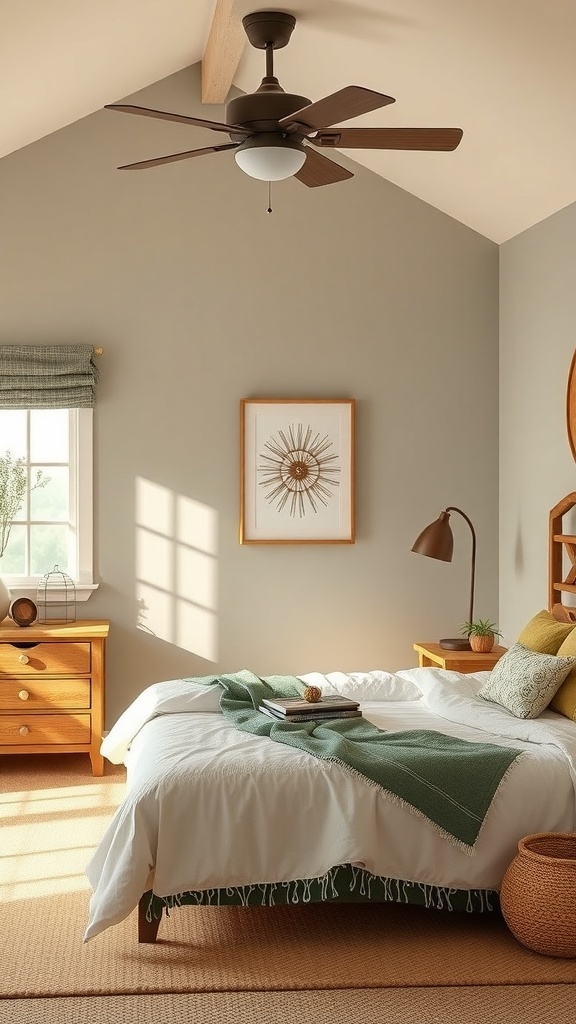A cozy country teen bedroom featuring a soft earthy color palette with muted wall colors, white bedding, and wooden furniture.