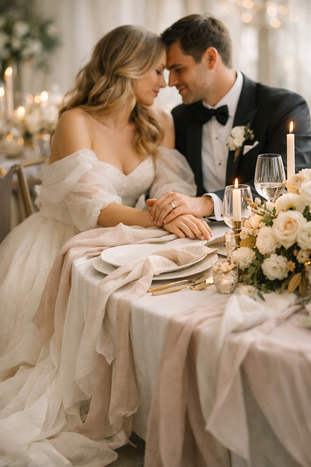 A close-up of a romantic wedding table setting featuring soft fabric linens, elegant dinnerware, and a couple holding hands.