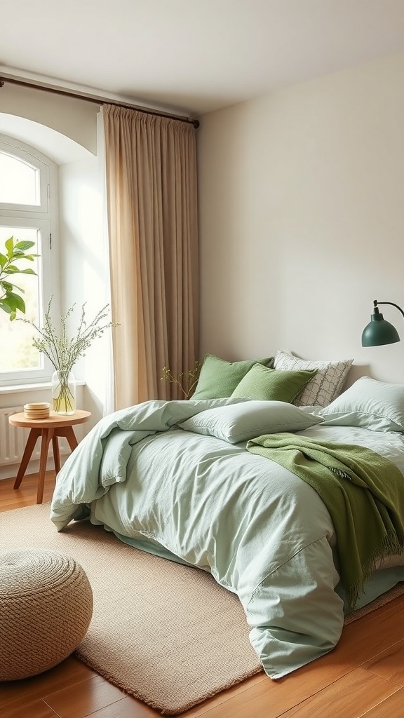 A cozy bedroom featuring soft green bedding, pillows, and a textured throw blanket, with natural light streaming in.