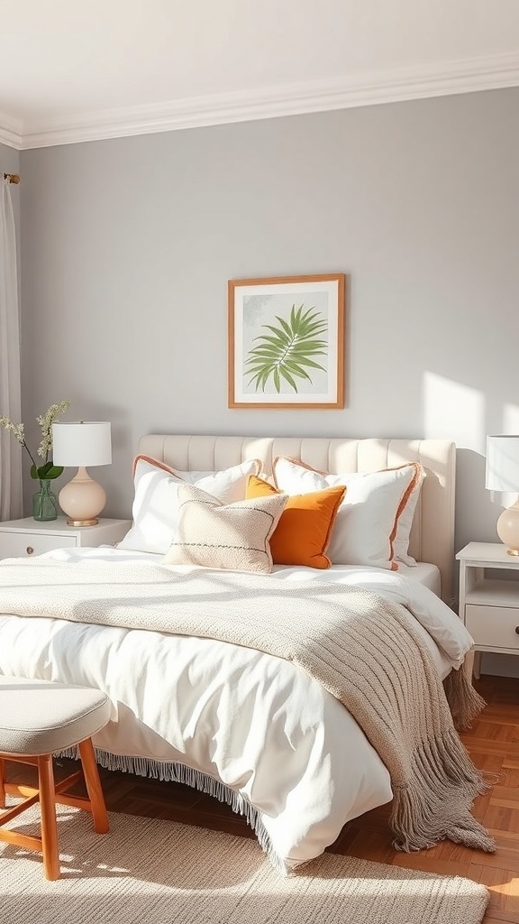A soft grey bedroom featuring a cozy bed with white and pastel accents, framed plant art, and stylish lamps.