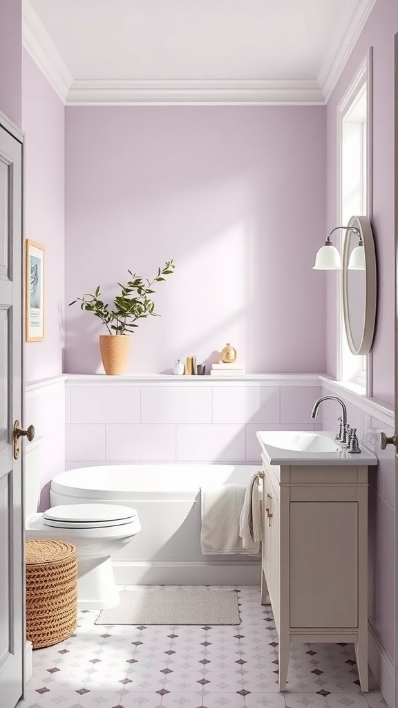 A serene bathroom painted in soft lavender with natural light, featuring a bathtub, sink, and a potted plant.