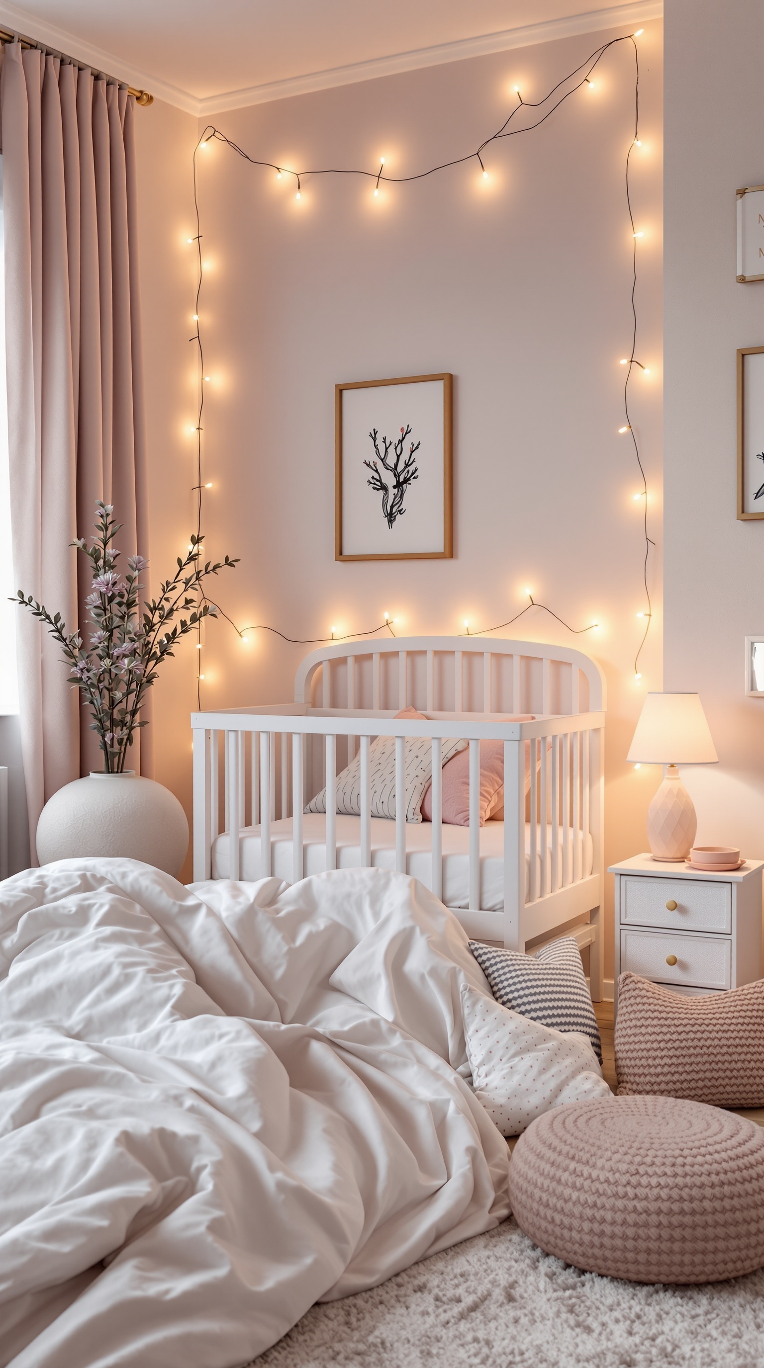 A cozy baby girl's bedroom with soft lighting from string lights and a bedside lamp.