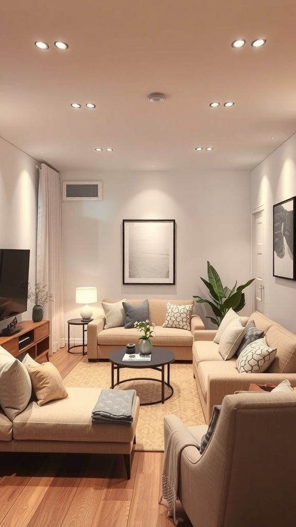 A cozy small lounge room with soft lighting fixtures, including recessed lights and a floor lamp, creating a warm atmosphere.
