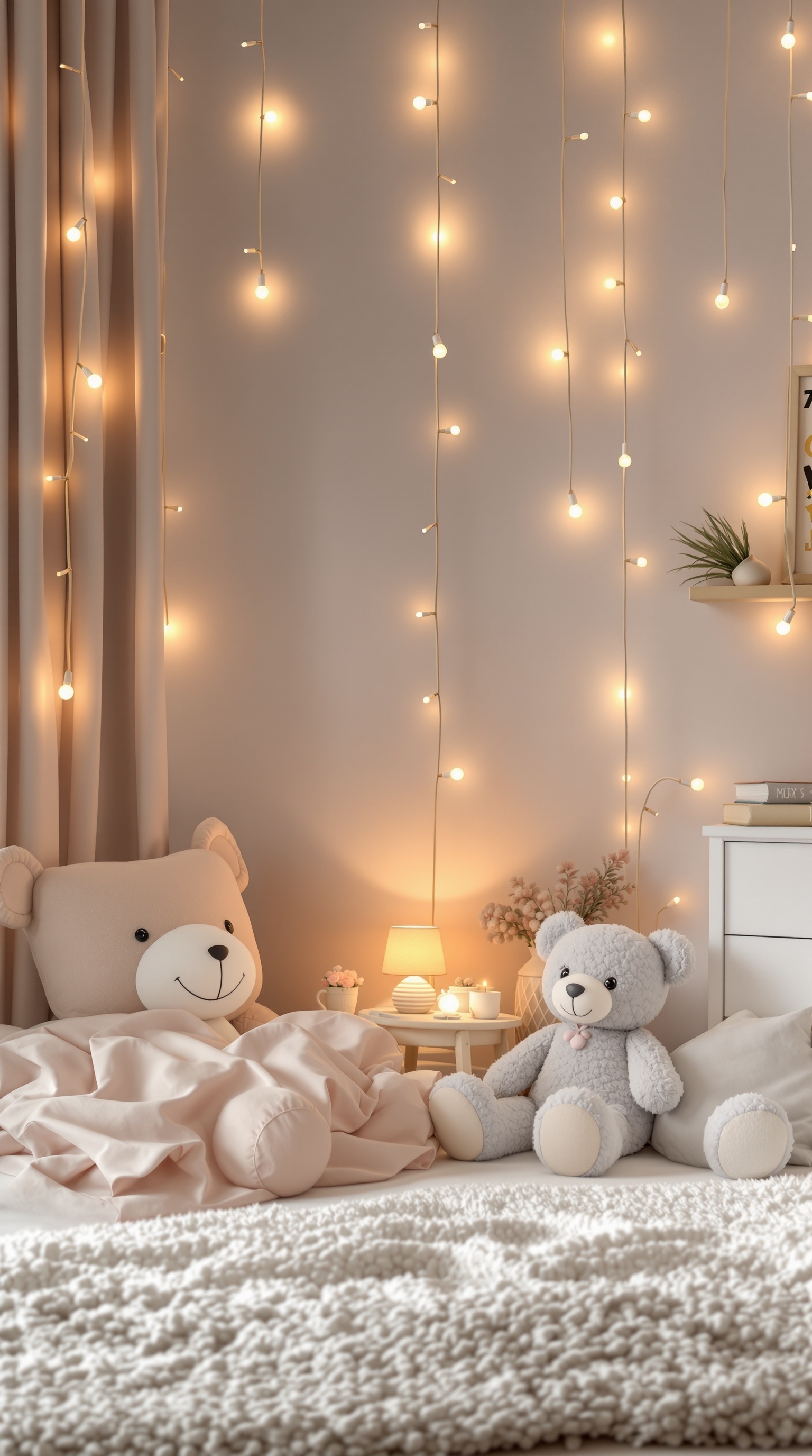 A cozy toddler room with soft lighting fixtures, teddy bears, and a warm atmosphere.