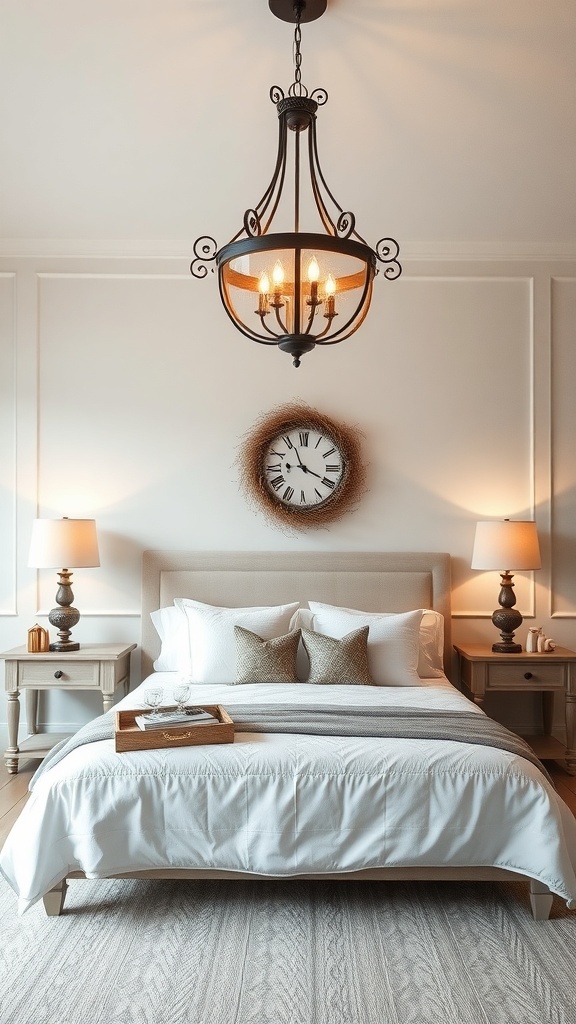 A farmhouse bedroom featuring a chandelier and bedside lamps with soft lighting.