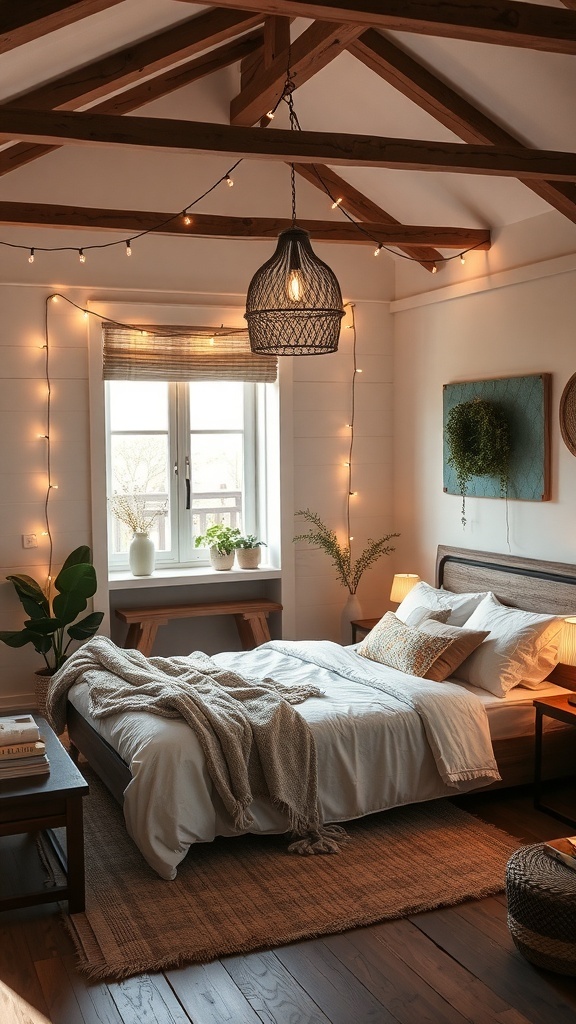 A cozy boho farmhouse bedroom with soft lighting fixtures and natural decor.