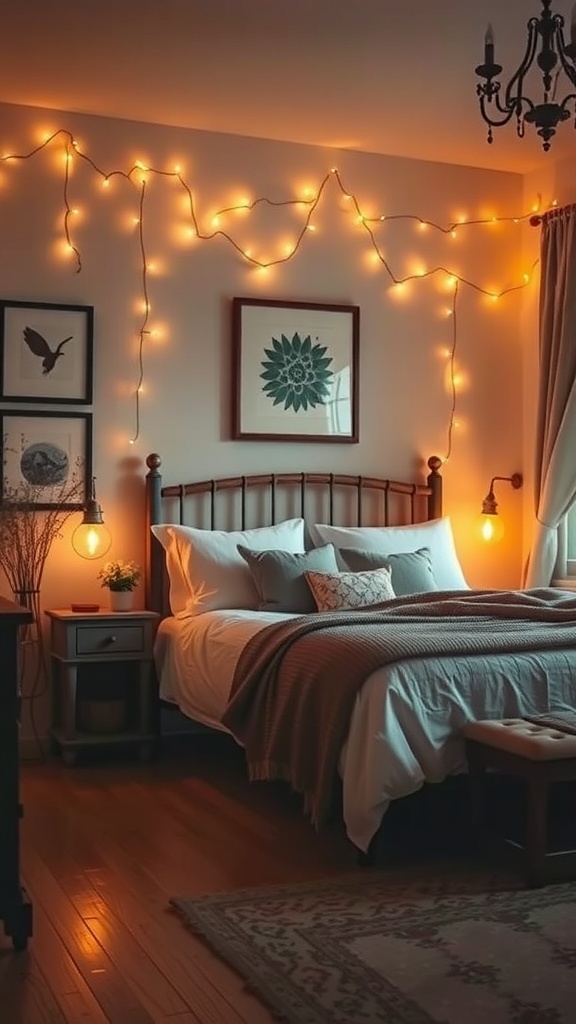 A cozy shabby chic bedroom with soft lighting fixtures, including string lights and bedside lamps.