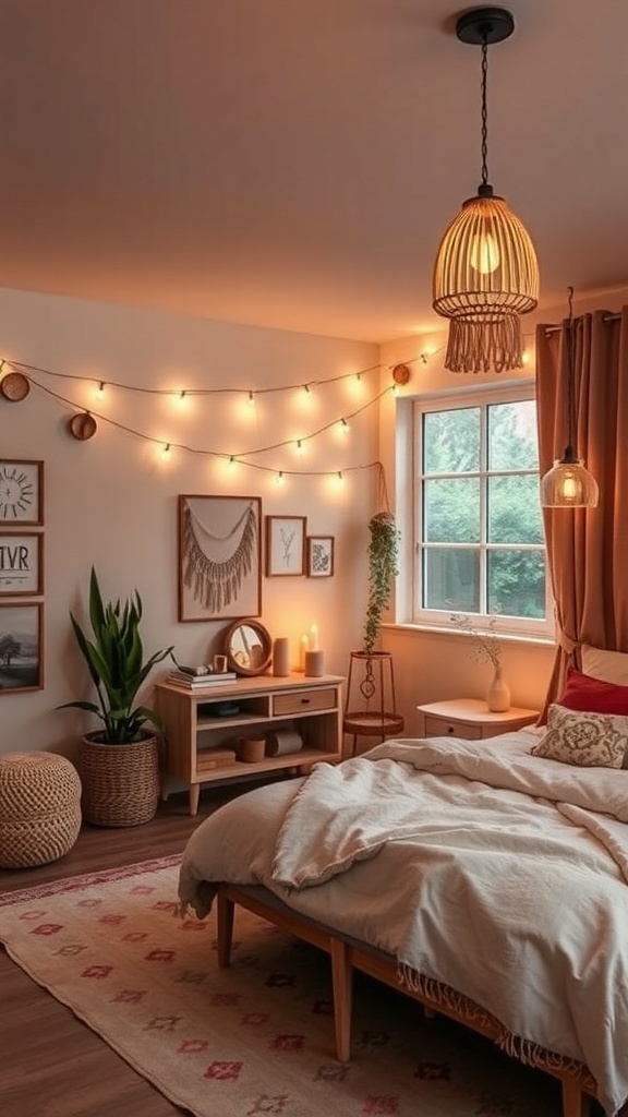 A cozy boho teen bedroom featuring soft lighting from a rattan pendant lamp and string lights.