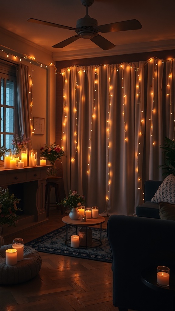 A cozy room with soft lighting from fairy lights and candles, creating a warm and inviting atmosphere.