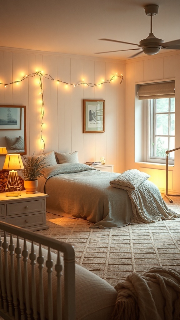 A cozy cottage bedroom with soft lighting from string lights and a bedside lamp.