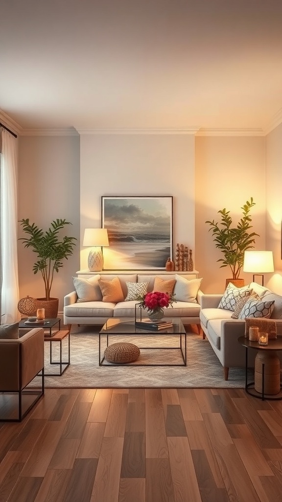 A cozy living room with soft lighting, featuring a comfortable sofa, plants, and warm decor.