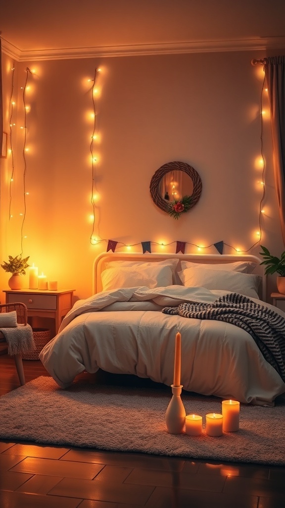 A cozy bedroom with soft lighting, featuring fairy lights, candles, and a warm color palette.