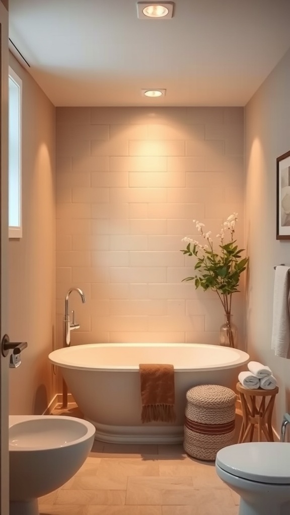 A cozy basement bathroom featuring soft lighting, a freestanding bathtub, and natural decor.