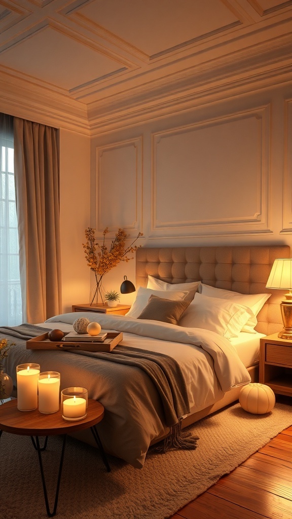 A cozy cottage bedroom with soft lighting from candles and a bedside lamp, featuring a comfortable bed and warm decor.