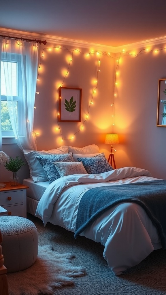 Cozy teen bedroom with soft lighting from fairy lights and a bedside lamp.